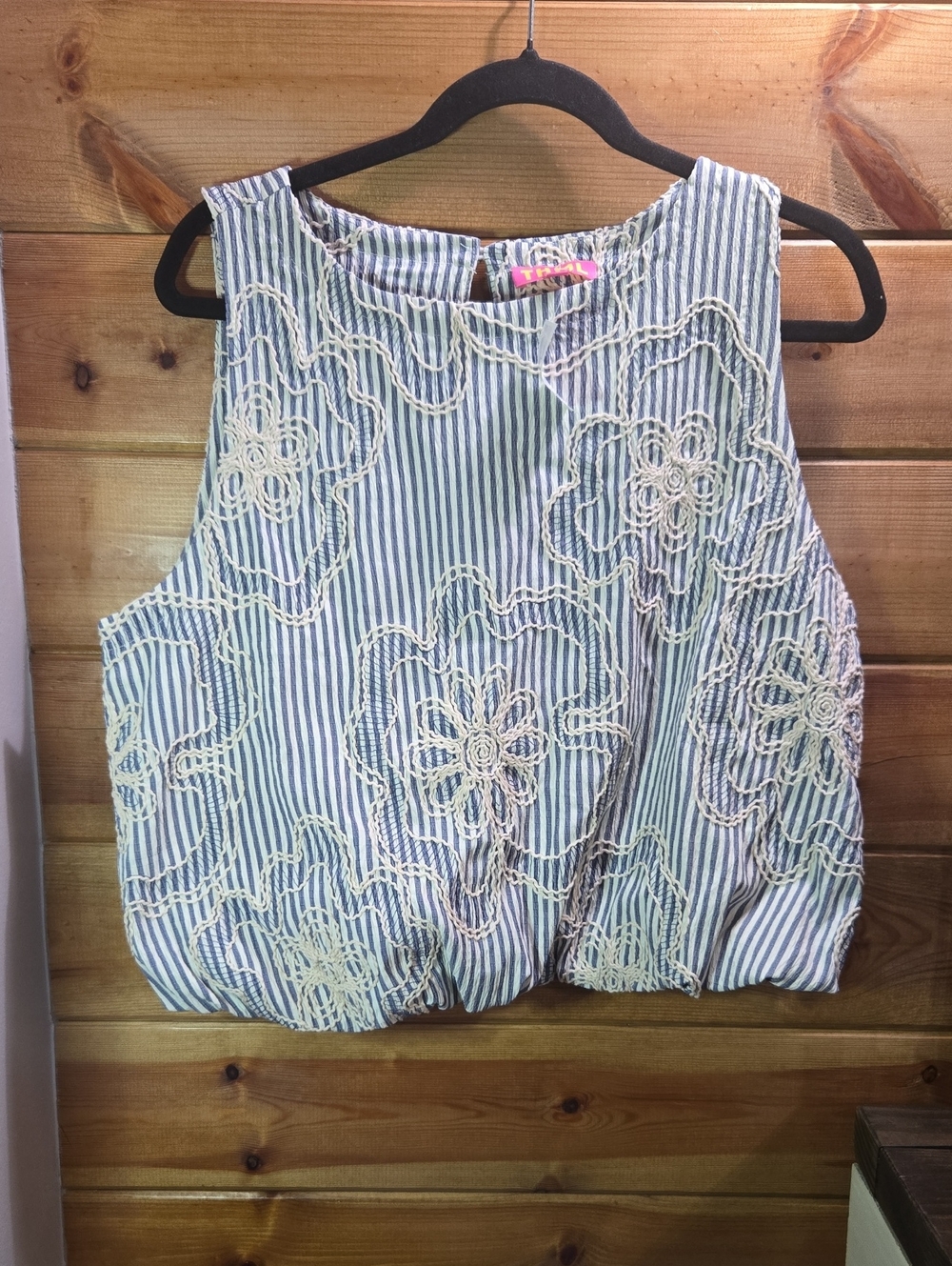 THML Blue & White Ben Floral Striped Tank with Cream Floral Lace Large